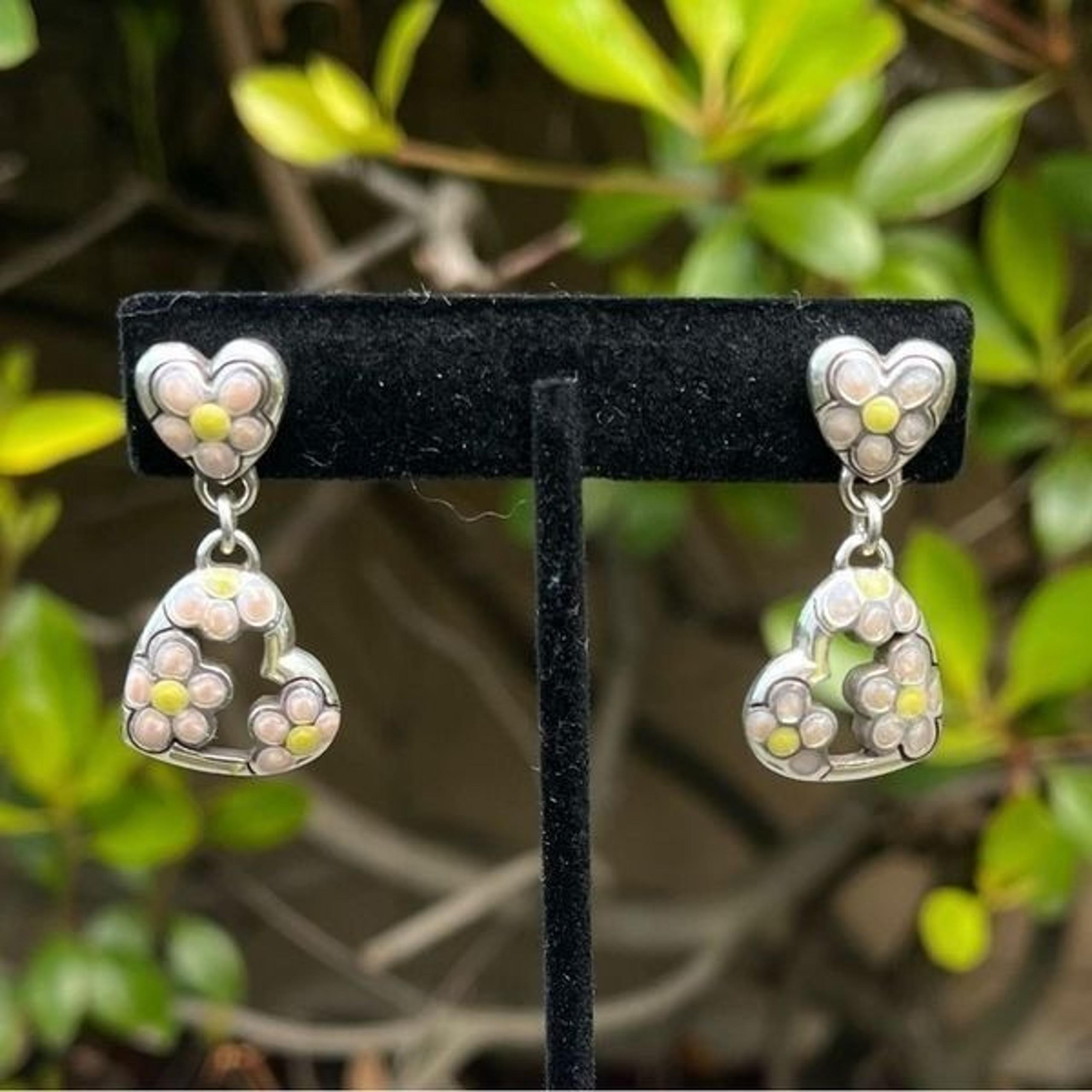 Authentic Brighton Pink & Yellow Enameled Silver Floral Heart Post Earrings. EUC