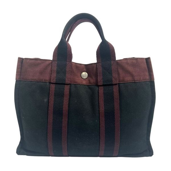 Hermes Fourre-Tout PM Black and Burgundy Canvas Tote Bag