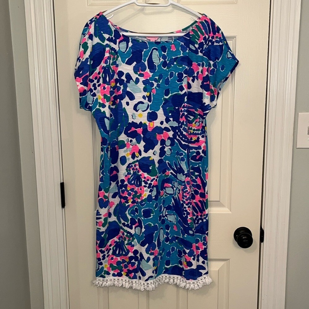 Lilly Pulitzer Tilla Tunic Slub Fringe Dress Sz Medium Summer Cover Up Colorful