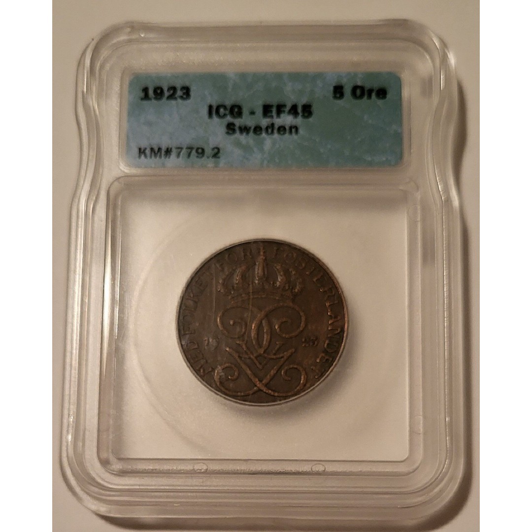 Sweden Gustaf V 1923 5 Ore XF45 ICG