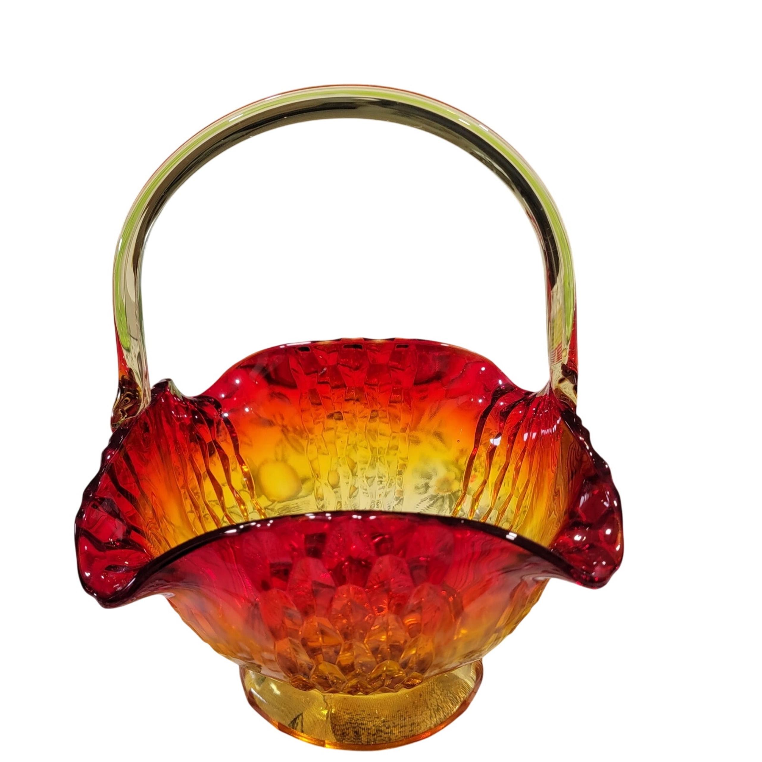 Vintage Indiana Glass Amberina Square Glass Basket Red/Yellow Ruffle Edge 1970's