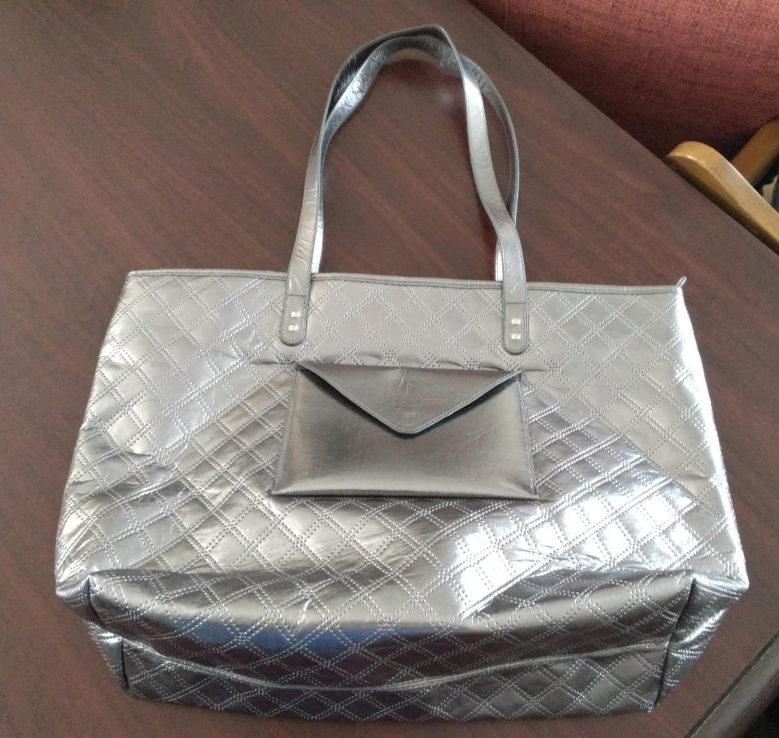 Bath & Body Works Metallic Silver Quilted Envelope Tote Shoulder Bag New