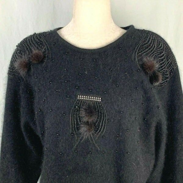 Vintage 80s Angora Sweater S Black Beaded Shoulder Pads Batwing