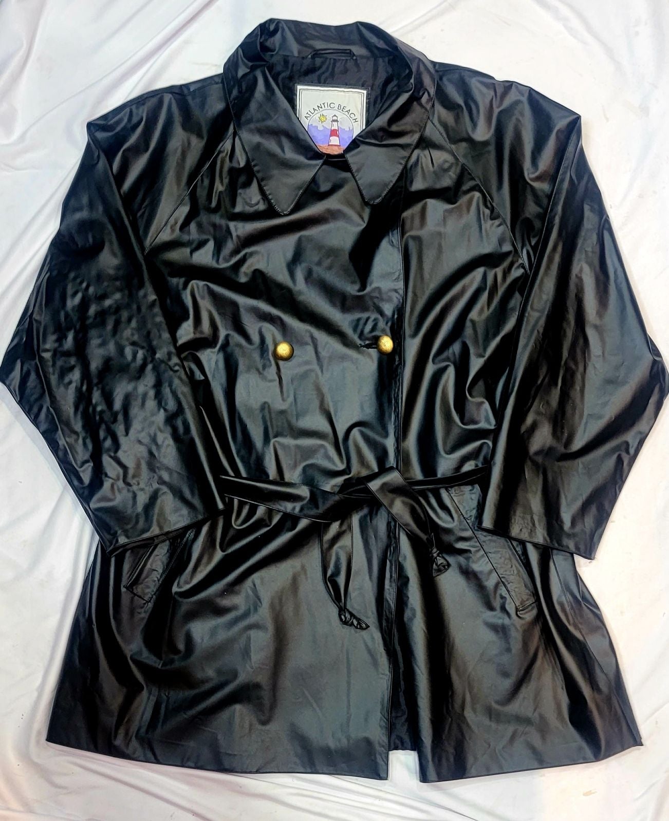 Vintage 80s | Atlantic Beach Rain Coat | Black with Gold Buttons | Men's Sz XL