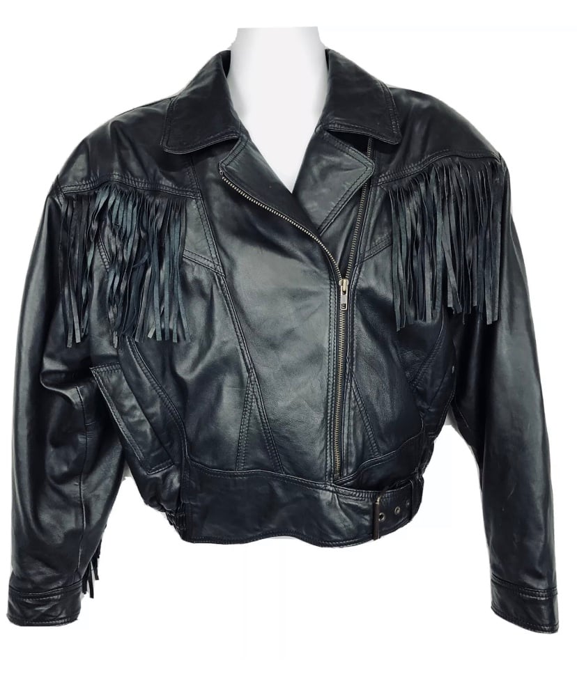 Vintage Leather Motorcycle Jacket Fringe Steer Brand 90s Zippers Pockets Black M
