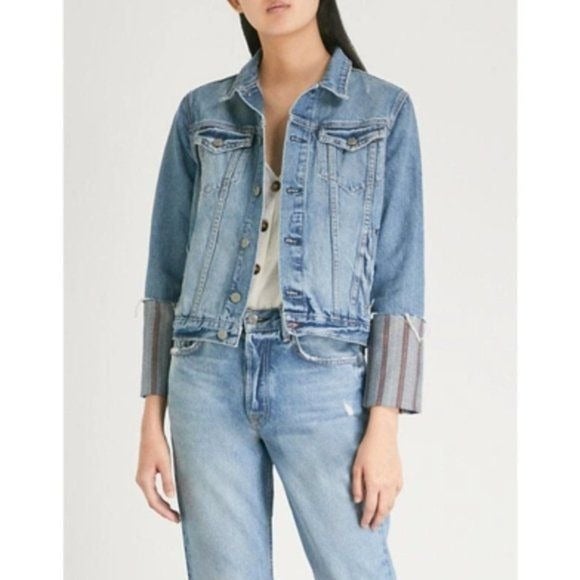 GRLFRND Women Bianca Maiori Cuffed Denim Jacket Rigid Vintage Striped Blue Small