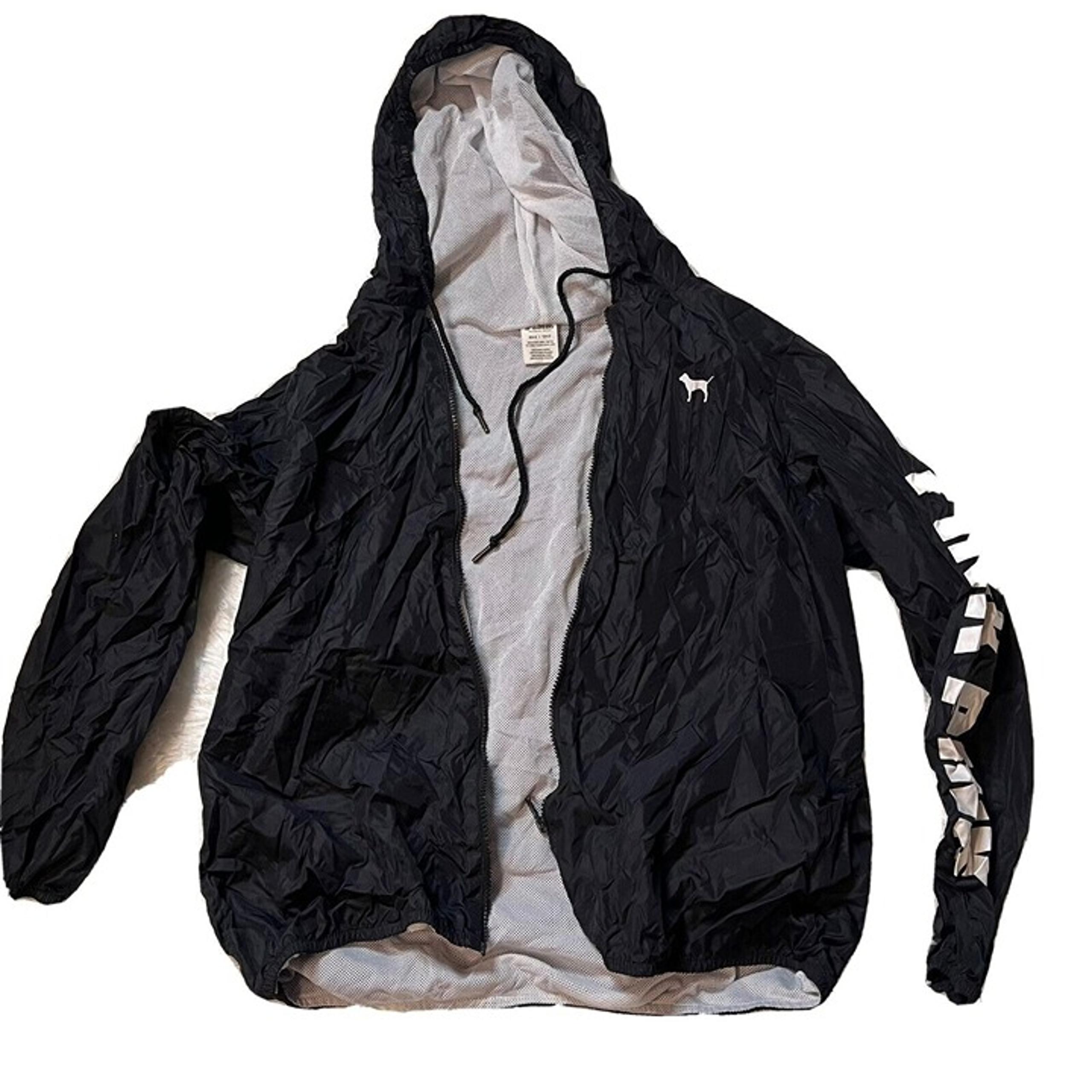 PINK Victorias Secret Hooded Windbreaker Jacket Womens Black White Logo Size Xs