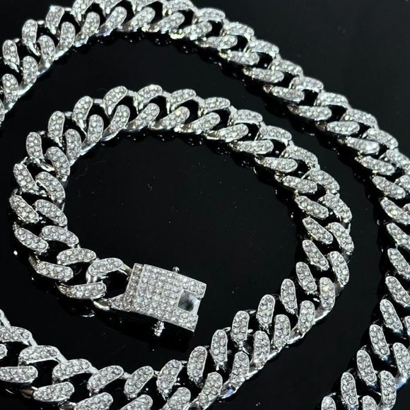 Cuban Link Miami Bling Glittery Silver Unisex necklace Men Women NWT 28