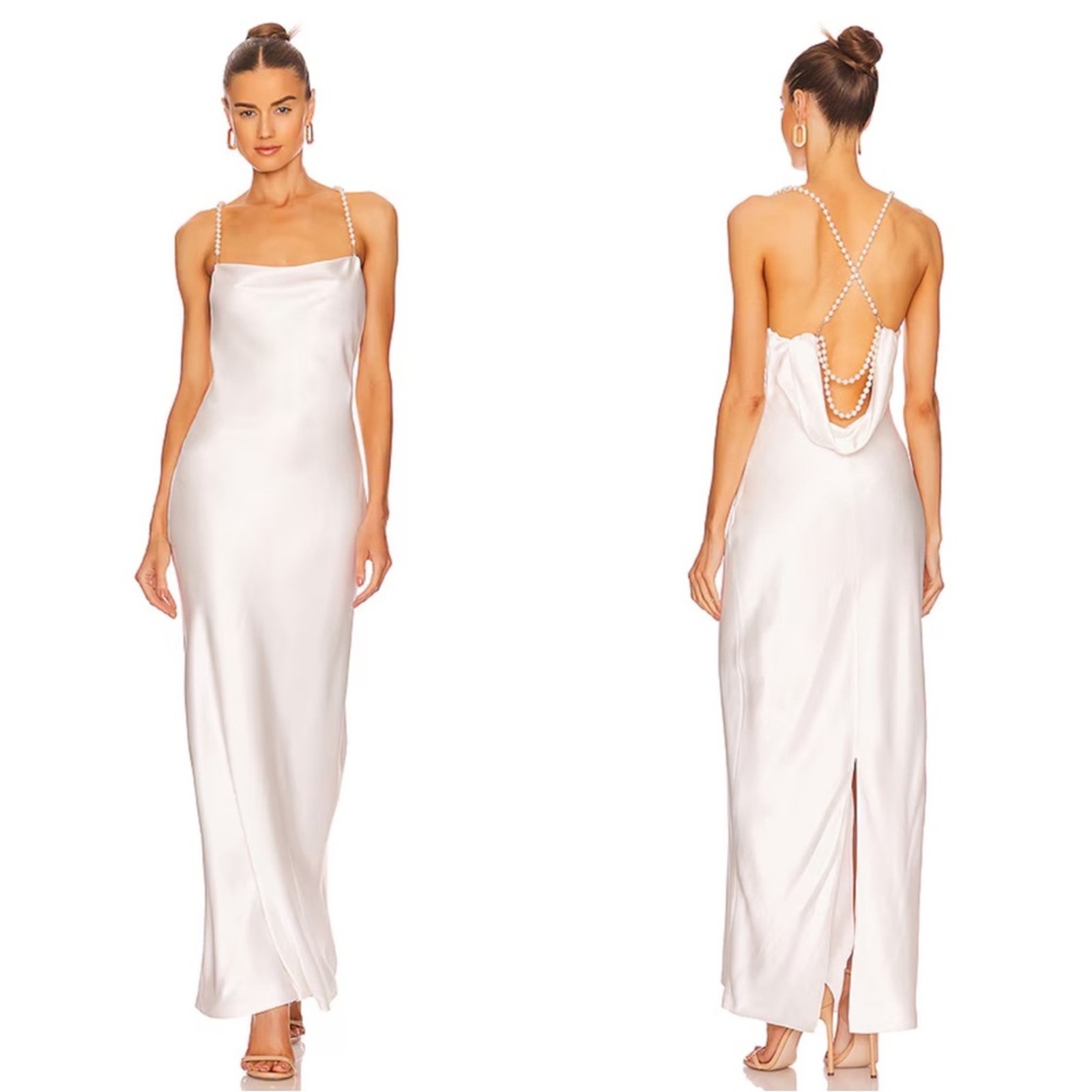 Retrofete White Pearl Strap Electra Satin Maxi Dress Size Large