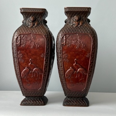 Two Oriental Pattern Bronze Large Vases 14 Tall Japanese Metalwork Bird