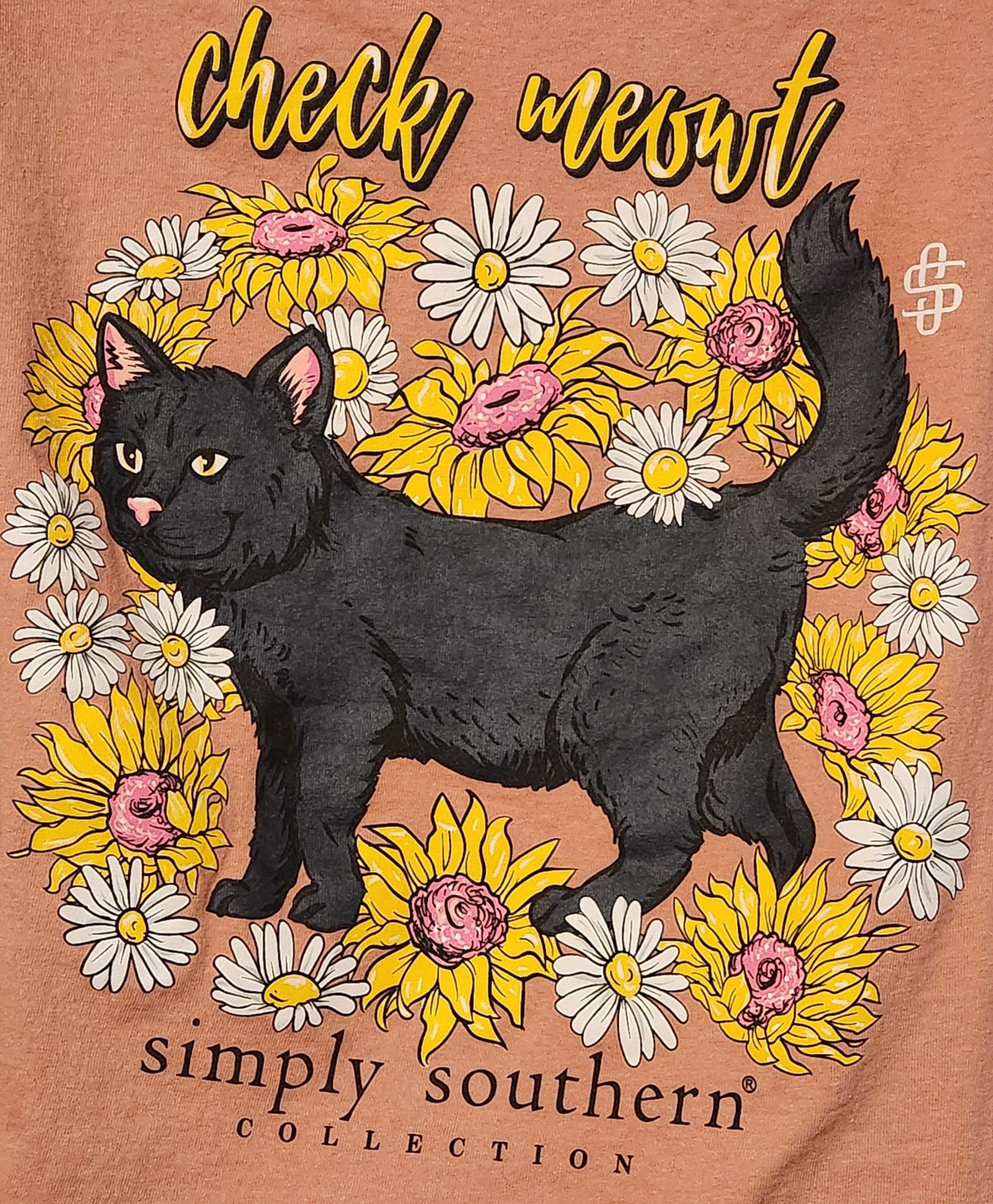Simply Southern Small Rouge “Check Meowt” Black Cat Long Sleeve Tshirt