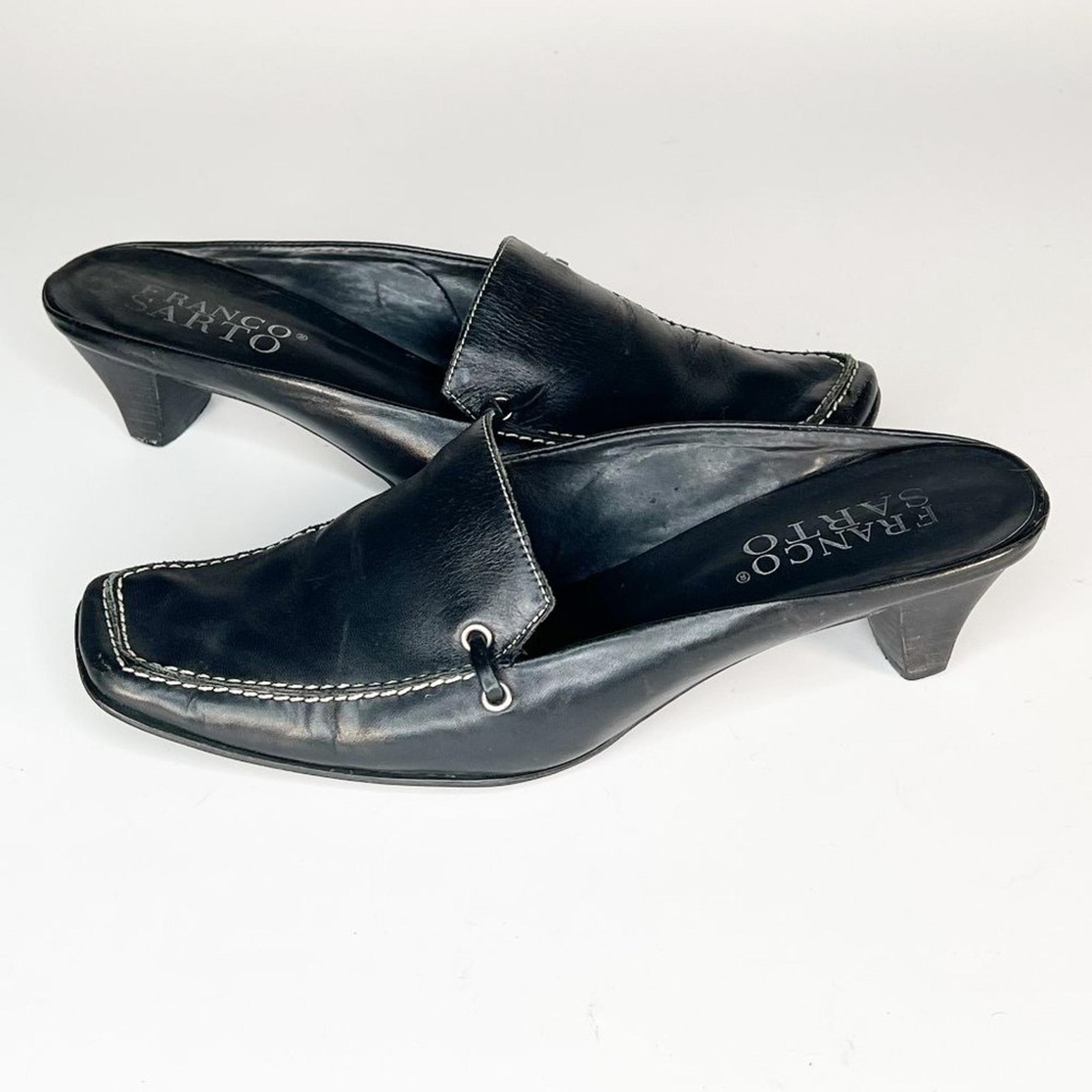 Franco Sarto Black Leather Kitten Heels Mules Shoes Shoes 7