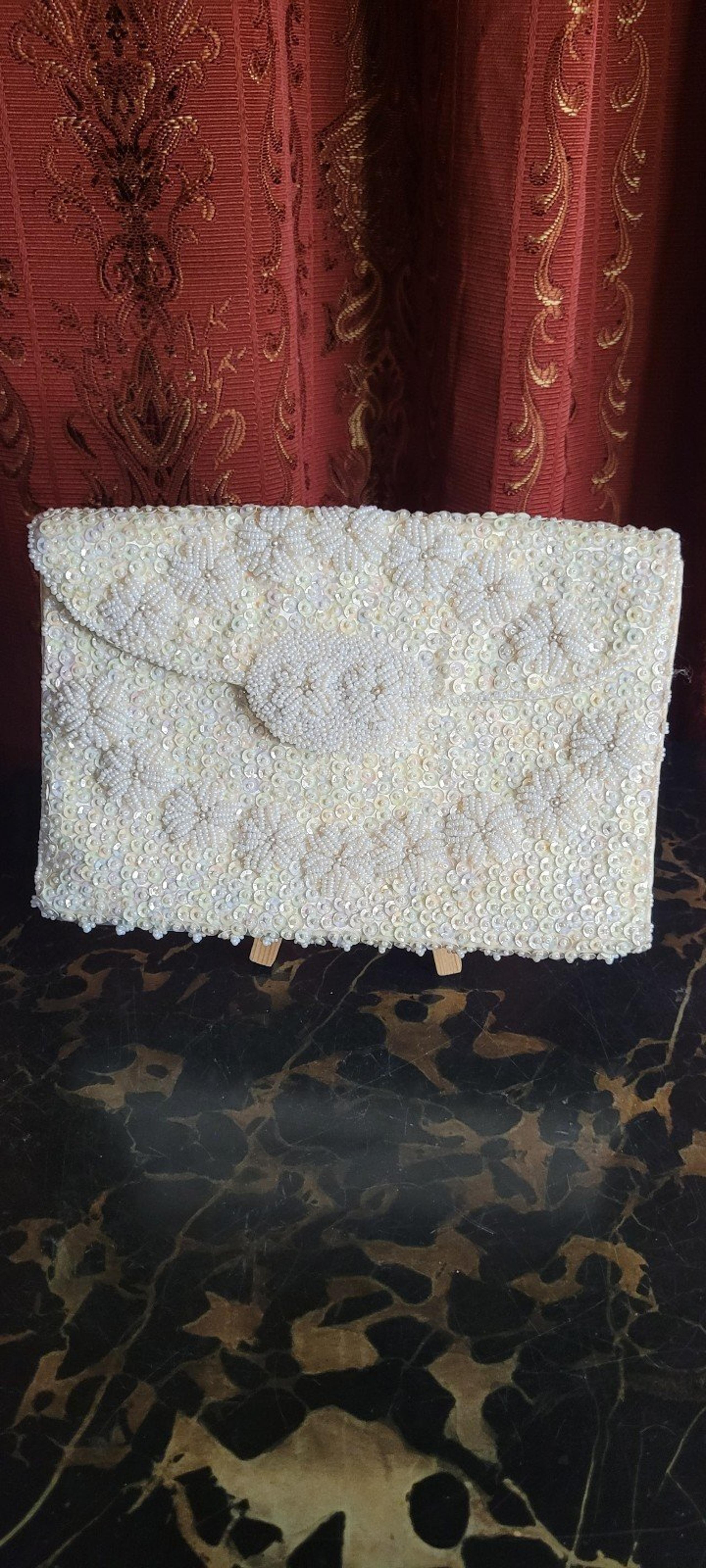 Ivory Beaded Sequence Evening Bag Clutch Pouch Vintage Richere Walborg Hong Kong