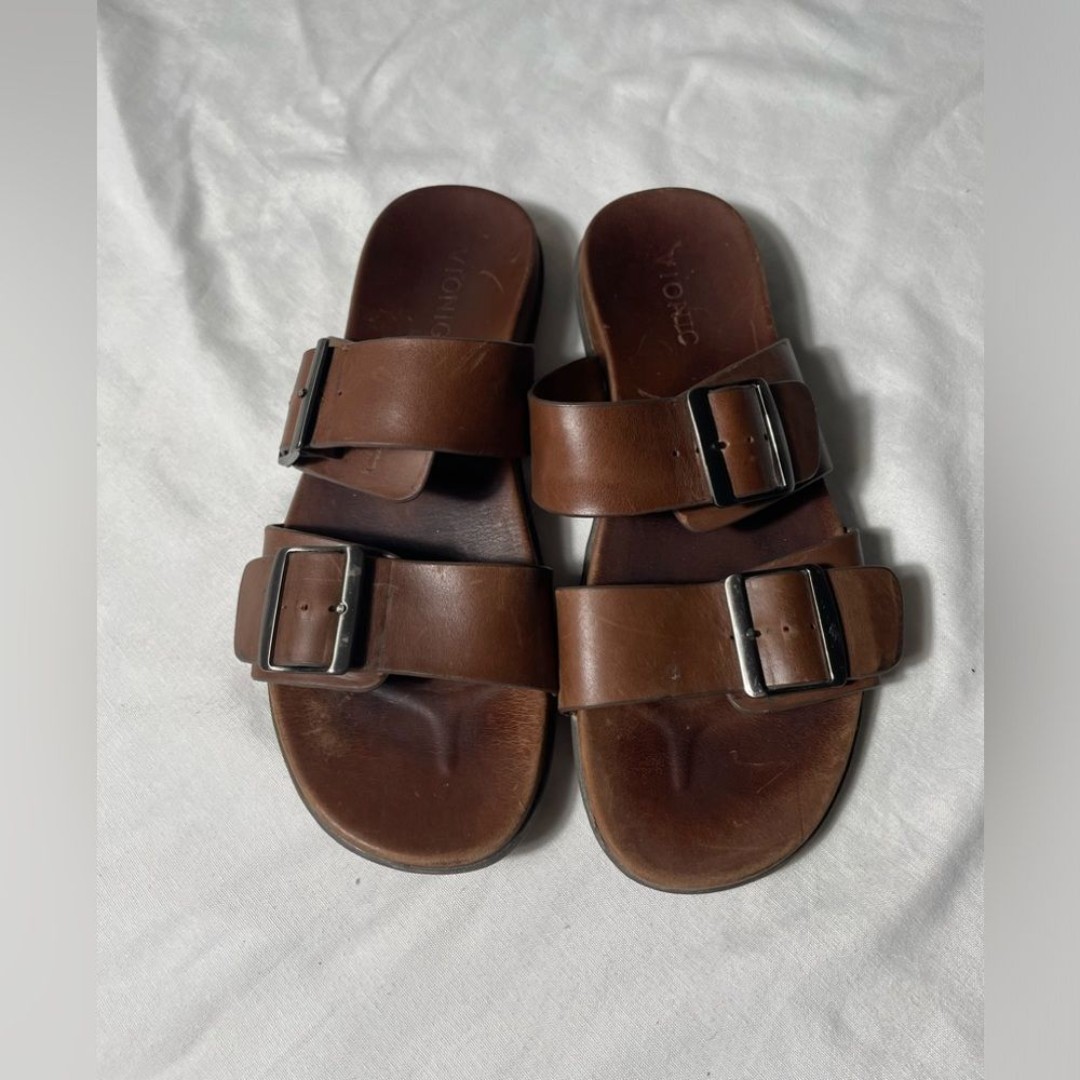 Vionic Men's Charlie Brown Leather Slide Sandals Shoes Size 12 Buckle Straps