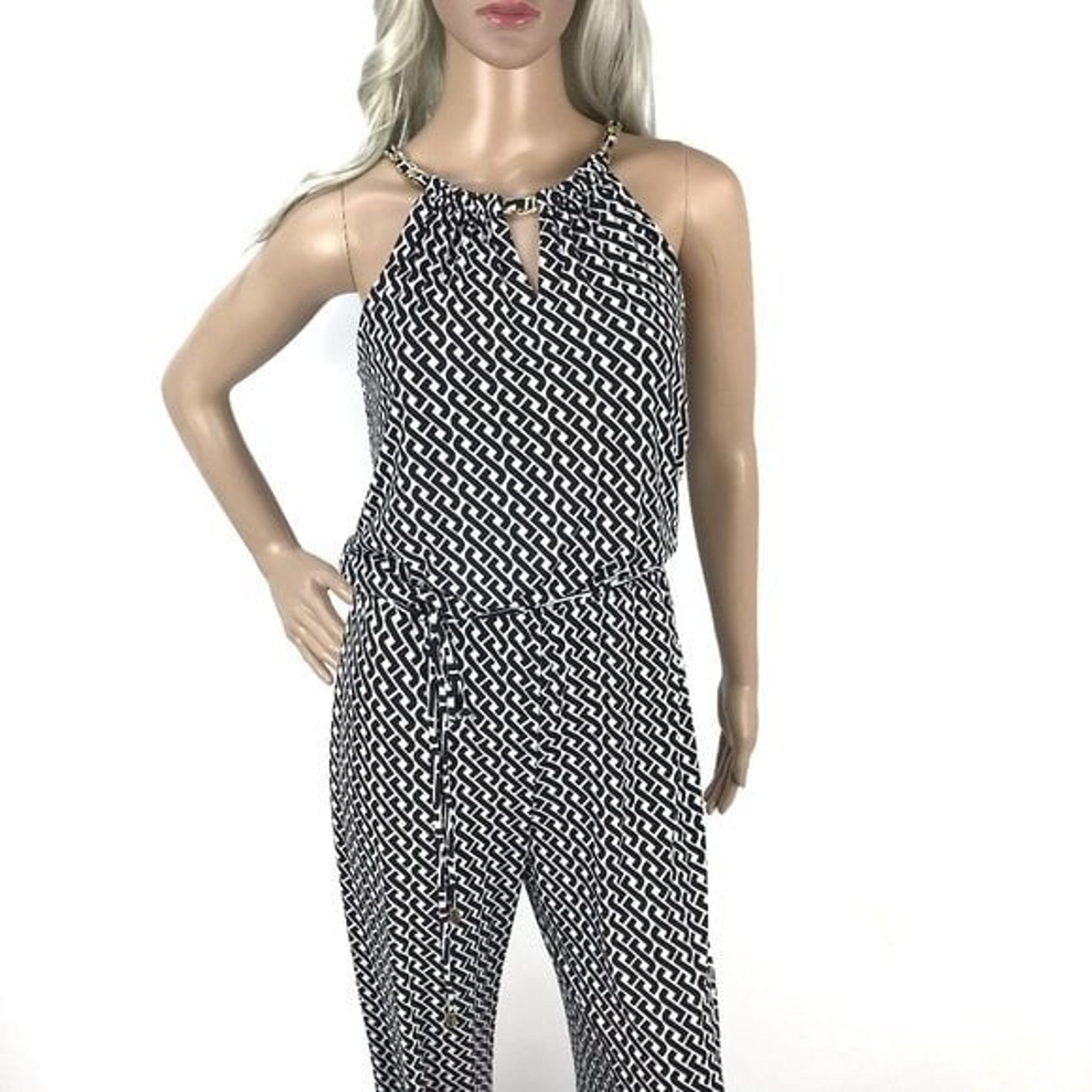 Shelli Segal SZ 4 Sleeveless Belted Jumpsuit Chain Black Geometric Print Keyhole