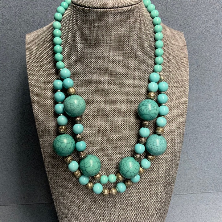 Double Strand Beaded Necklace 17 In Turquoise Crackle Silver Rose BoHo Statement