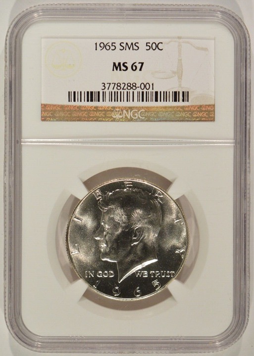 1965 SMS KENNEDY HALF DOLLAR NGC CERTIFIED MS67 DEEP FROSTY WHITE COIN