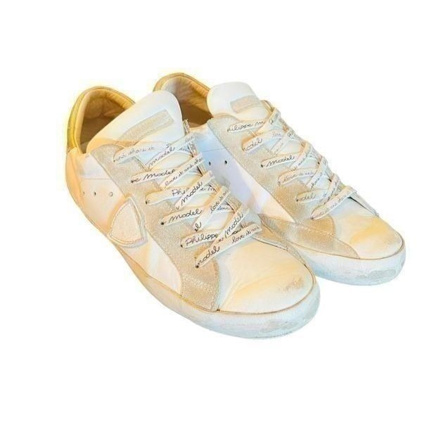 Philippe Model gold white tan leather walked in distressed sneakers Sz 10