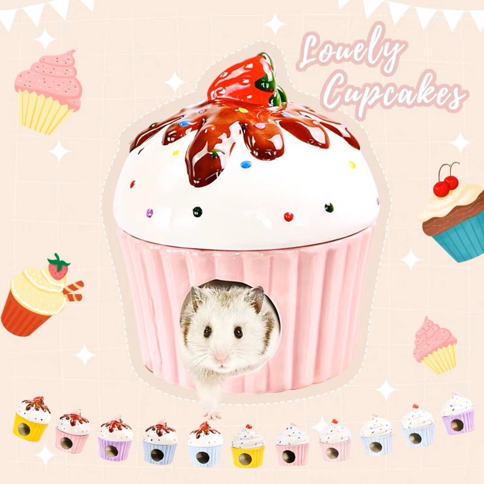 Removable top ceramic Cupcake hamster hide or decoration