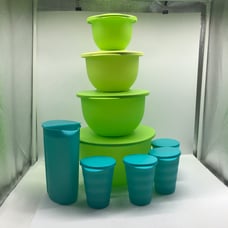 Tupperware Impressions Classic Bowl (4) & Jug (4) Tumbler Green & Blue Color