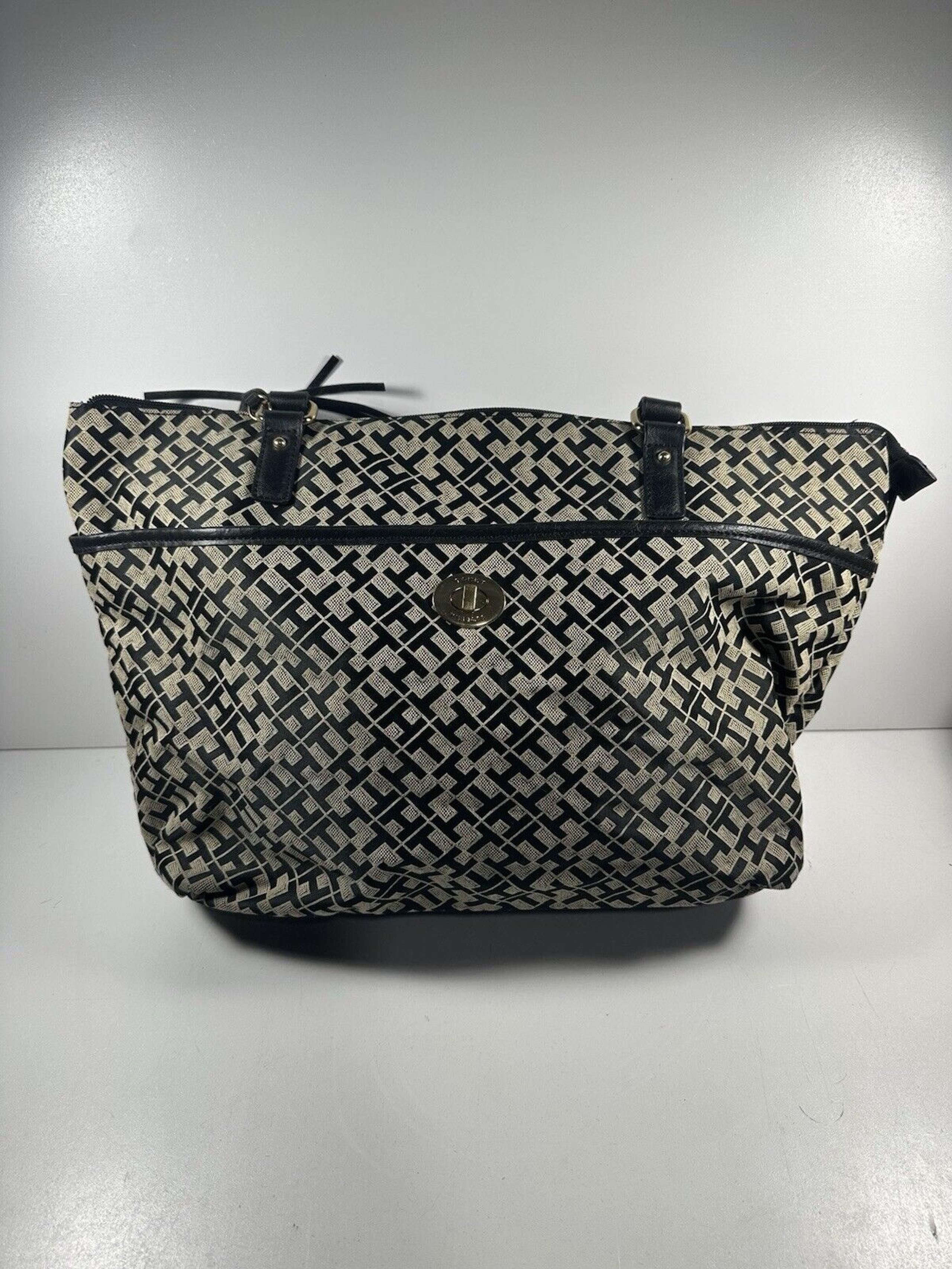 Tommy Hilfiger Black Logo Print Shoulder Handbag Zipper Front Pocket Tote