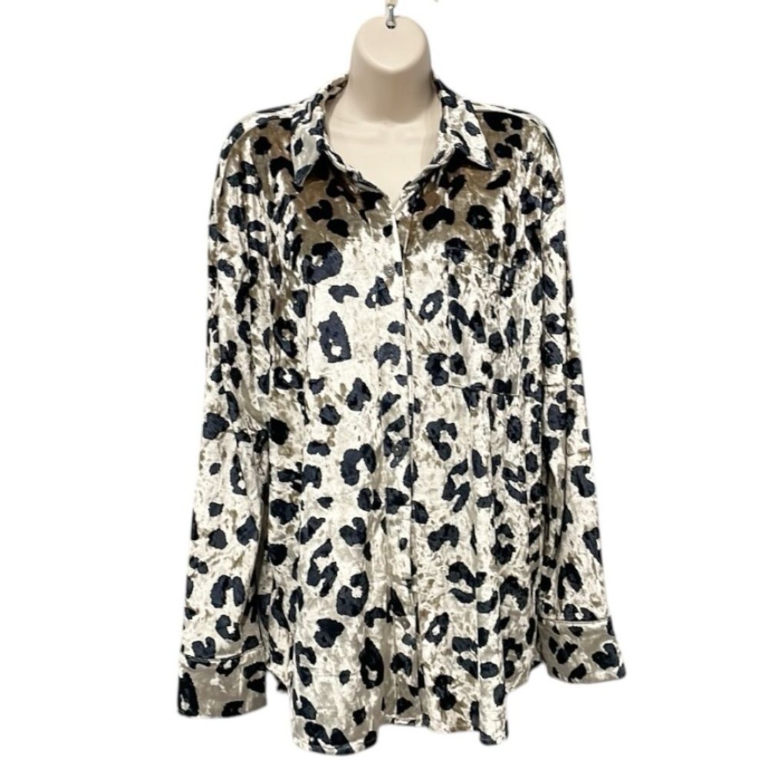 Womens Sz Lg Crushed Velvet Cow Print Entro Button Down Shirt Jacket Blk Cream