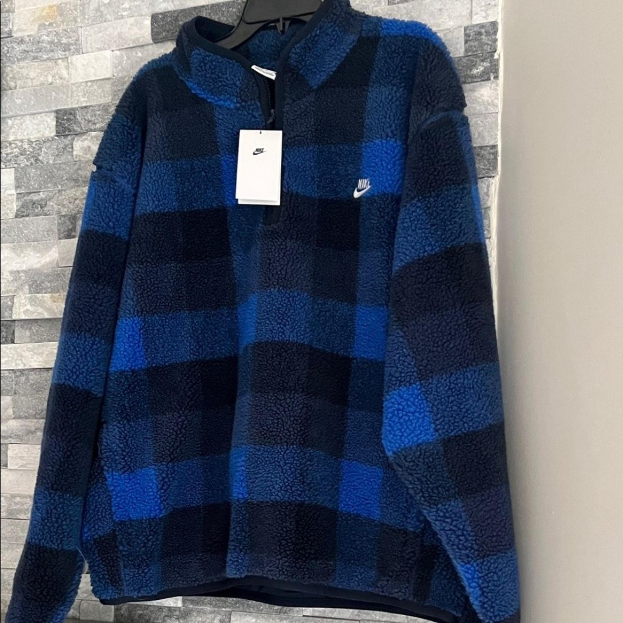 New!! Blue and Black Checkered Fleece sherpa men's jacket - Nike