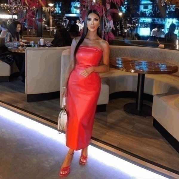 Zara FAUX LEATHER DRESS RED