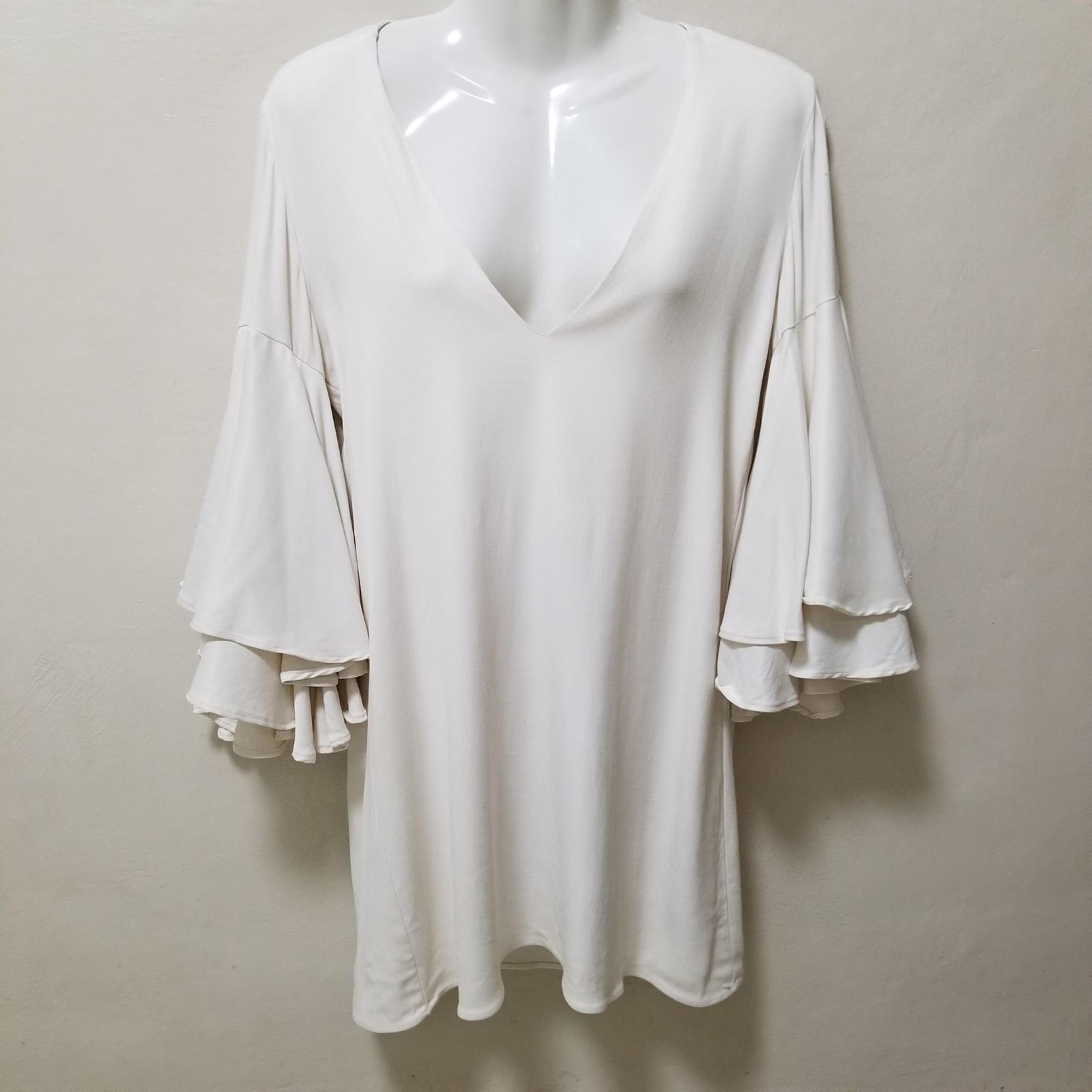 Alexis Women Tunic Dress Mini Ruffle Bell Flared Sleeves V-neck Cream Solid XS