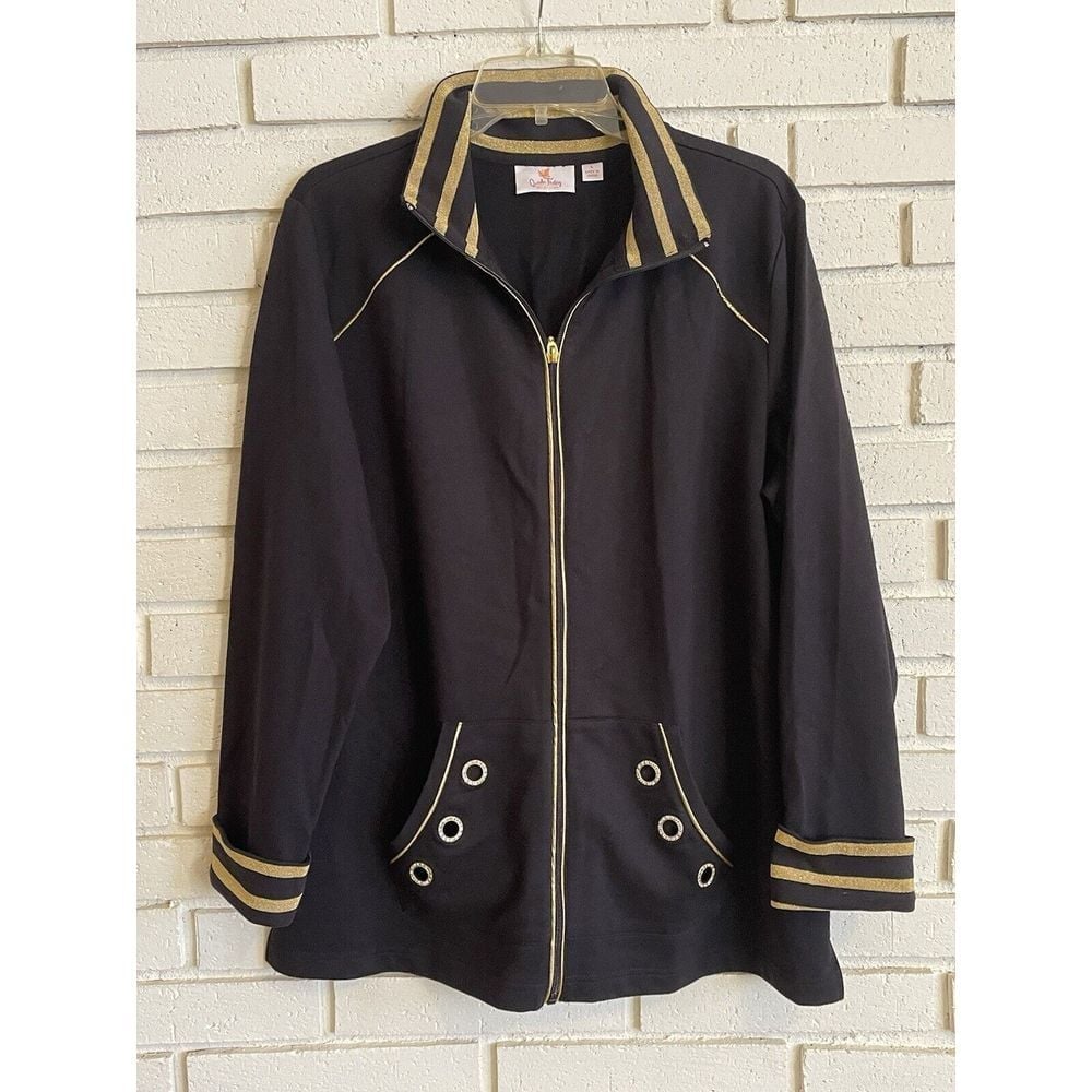 Quacker Factory Rhinestone Grommet Gold Trim Full Zip Jacket Women Sz Large