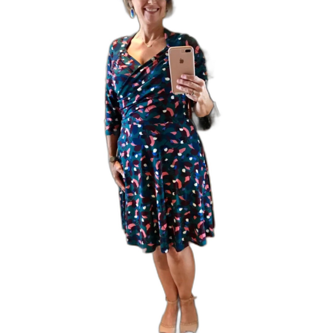 Leota Women's Size Large Green Pin Up Fit & Flare Dress Retro Stretch 3/4 Sleeve
