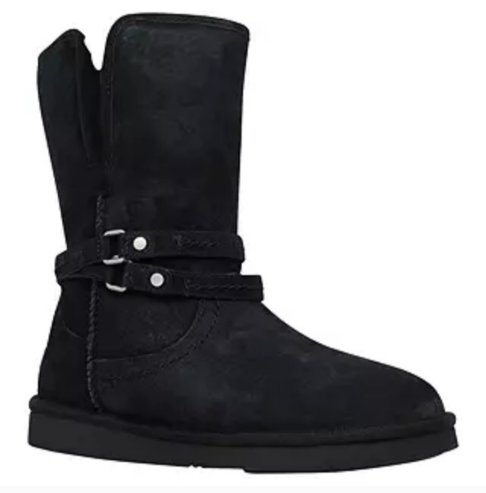 UGG Black Sheepskin Suede Palisades Biker Strap Short Boots Booties Uggs