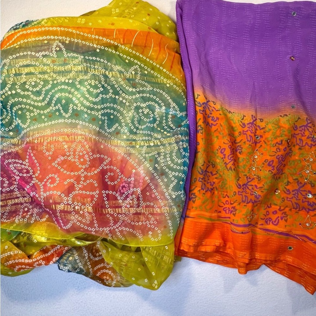 Vintage Multi-Color Dupatta Hand Beaded Long Wrap Scarves X2 46 Wide Length 6Y