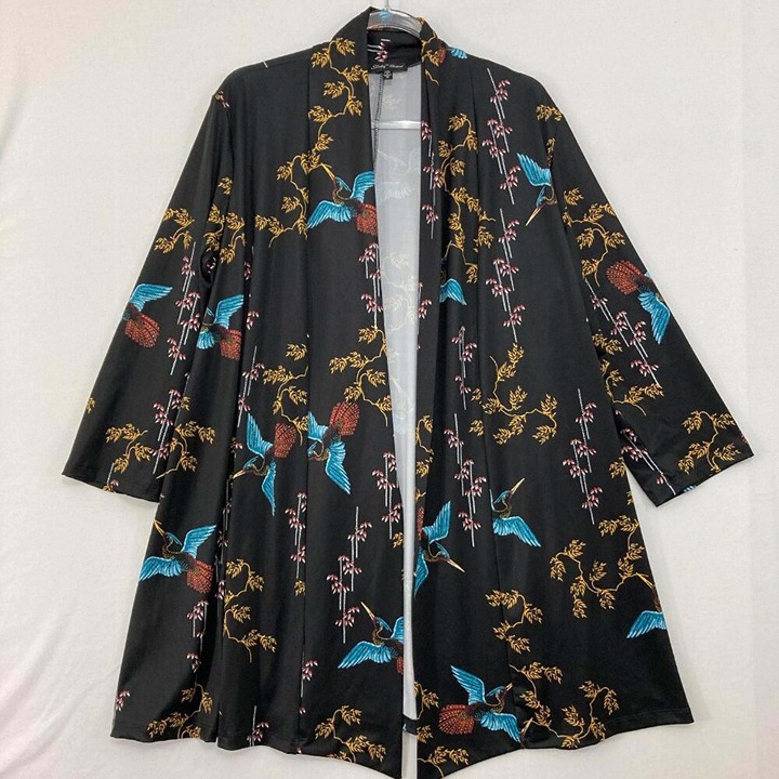 Slinky Brand 1X Multi Color Bird Print Asian Inspired Artsy Duster Cardigan