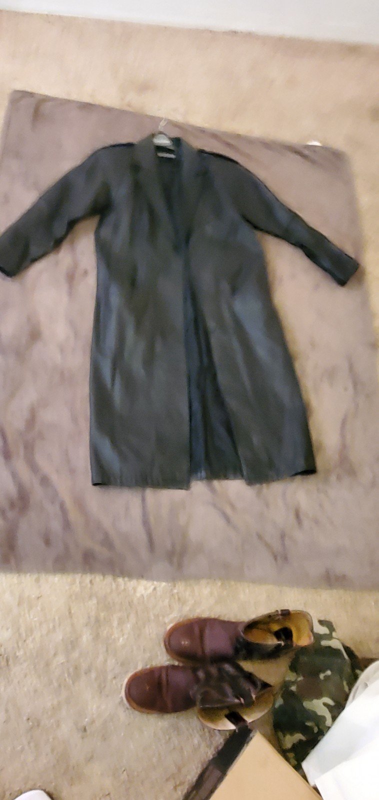 Womens Black Vintage BrentWood Leather Long Retro Raglan Sleeve Epilets Coat