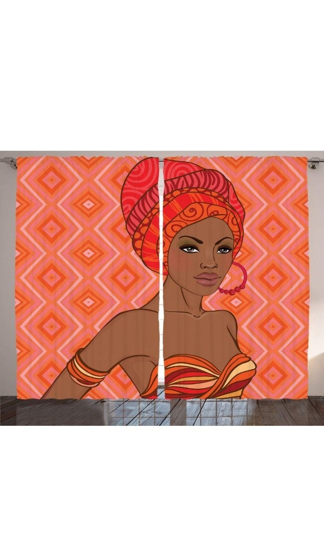 Curtains, Portrait of Woman in Dress Zulu Inspired Graphic Print