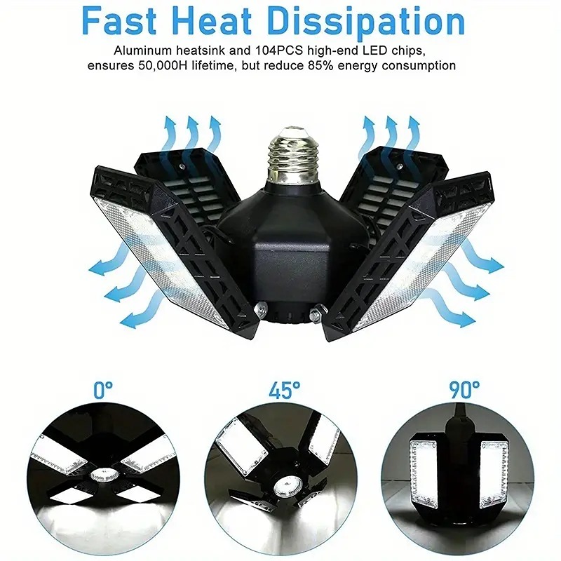 Efficient LED Garage Ceiling Light w/ 4 Adjustable Panels