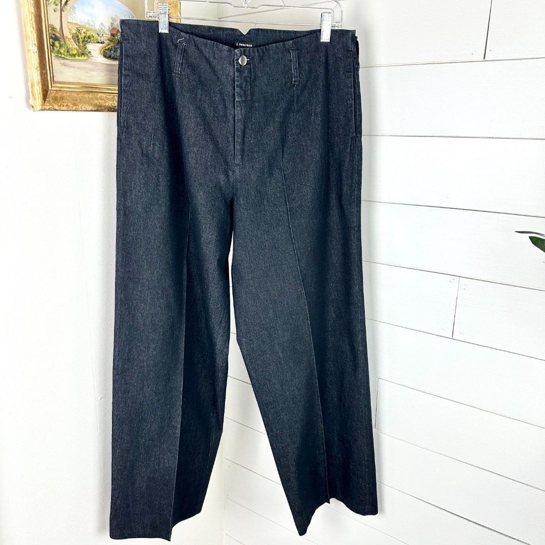 J. Peterman Wide Leg Denim Trouser Pants Size 14 Cotton Blend Stretch Black Wash