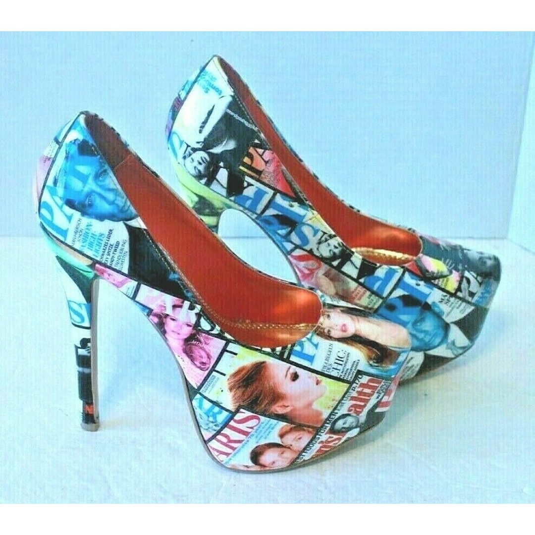 Shi by Journeys Stilettos Womens Fashion Magazine Print Patent Leather Shoes 8