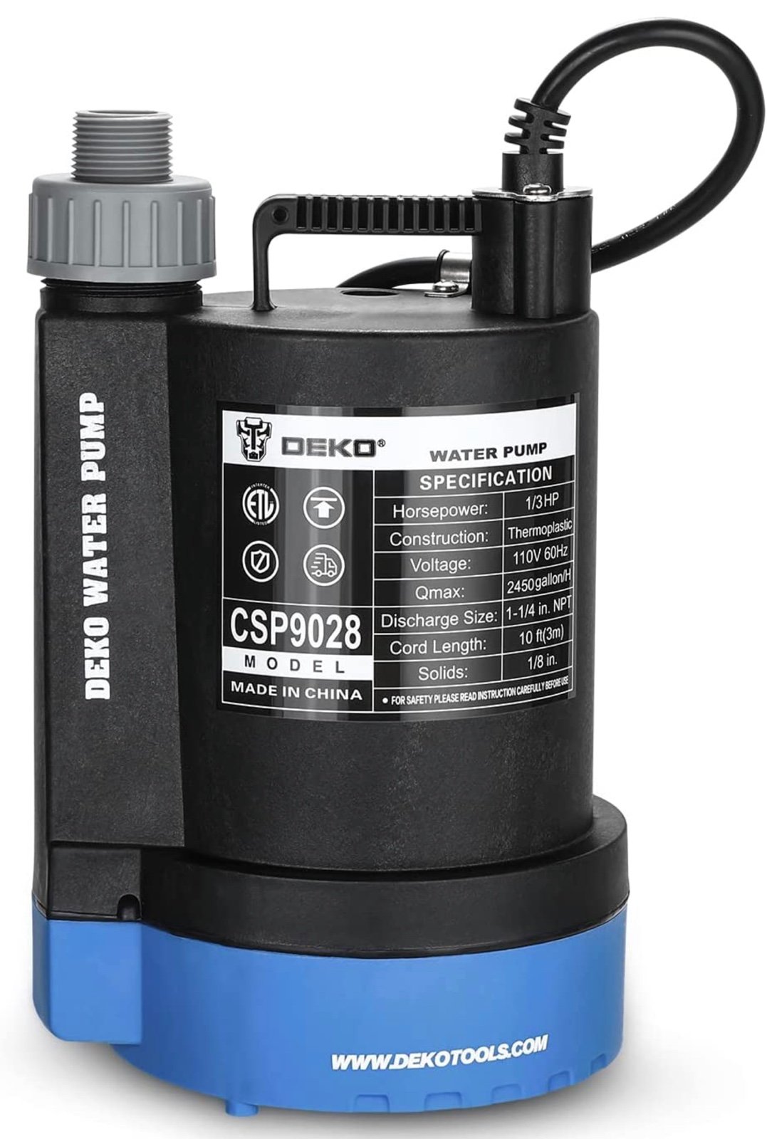 Submersible Water Pump 1/3 HP 2450GPH Utility Pump Thermoplastic Electric