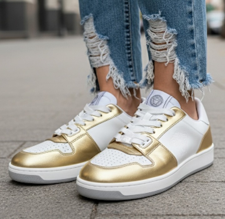 Versace Medusa Gold/White Leather Women's Sneaker Shoe, 1014316, sz 37.5