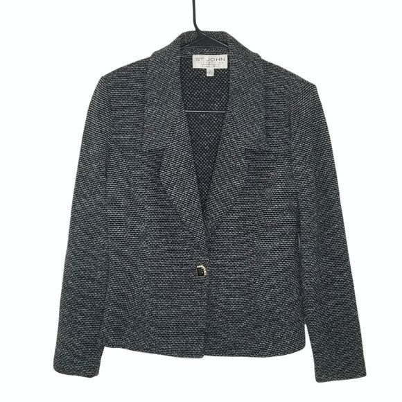 St. John by Marie Gray Single Button Notch Lapel Blazer Black/Gray Size 4