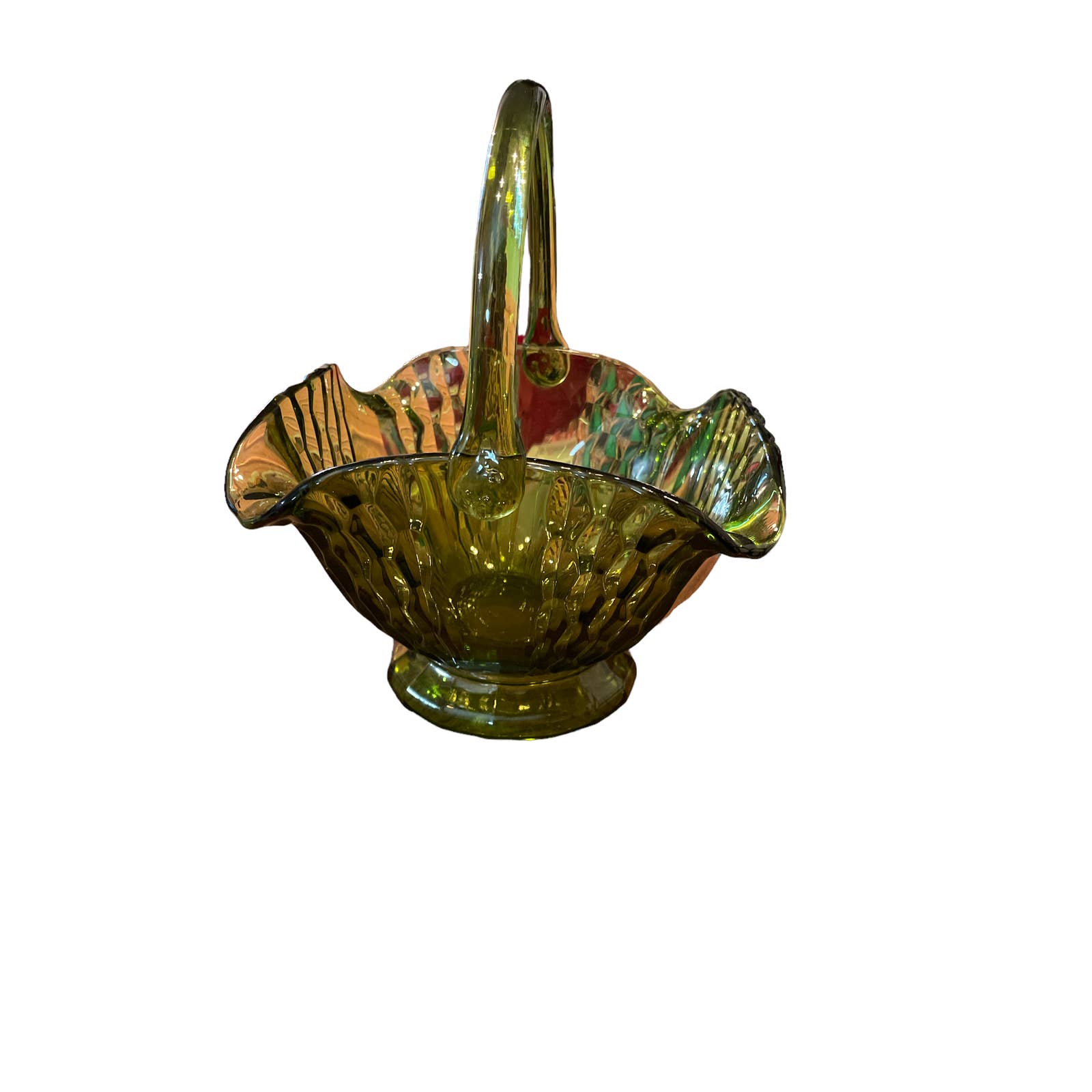 Vintage Green Glass Ruffled Handled Basket Thumb Print Pedestal Green Glass