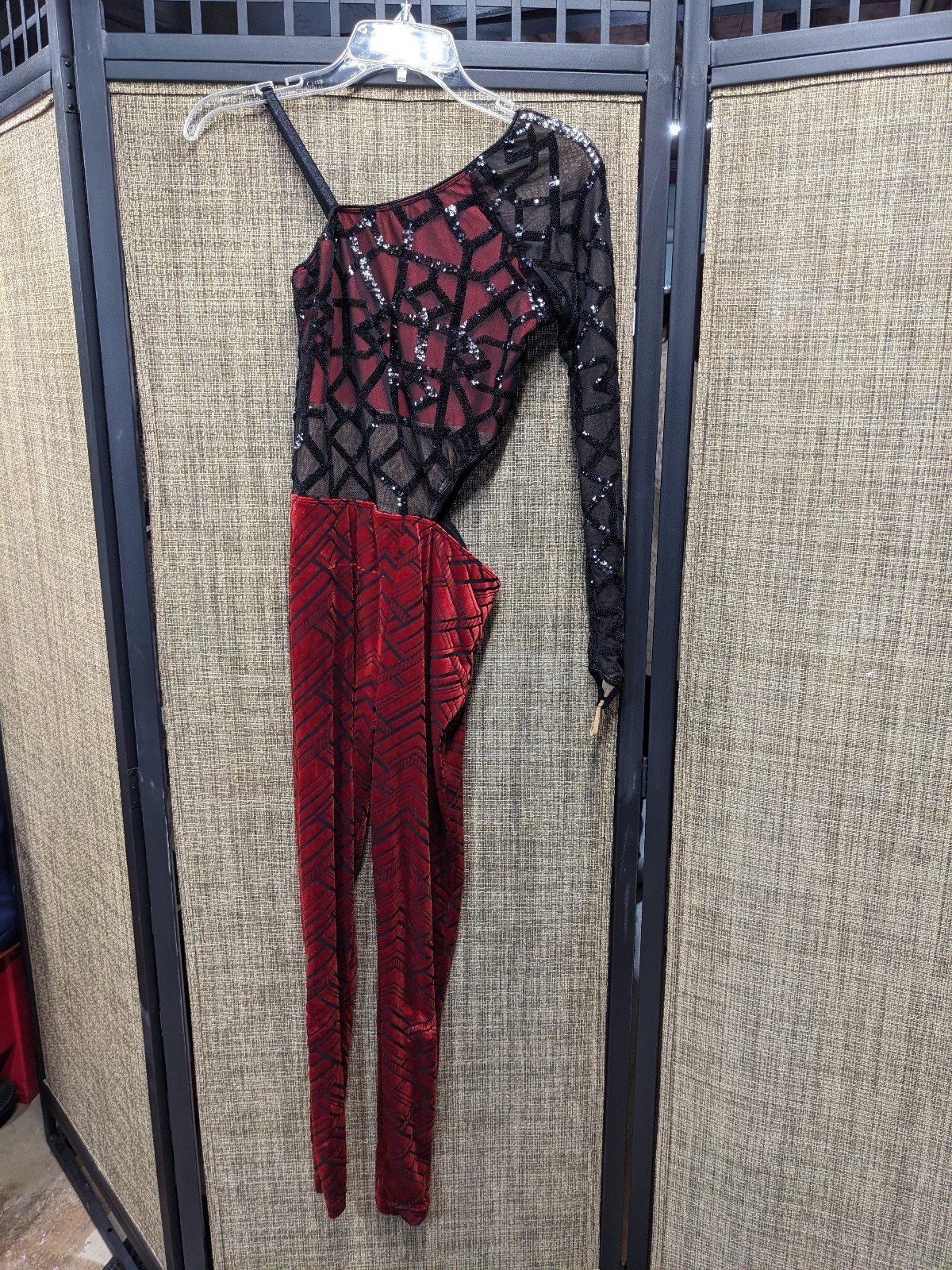 Black and red jumpsuit with one sleeve