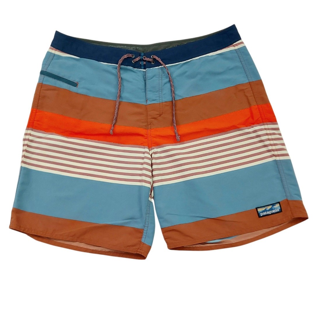 Patagonia Board Shorts 19 Mens 36 Blue Brown Wavefarer Stripes Beach Outdoor