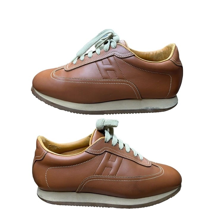 Hermes Women SZ EU 40.5 EE UU 9 Quick Sneakers Low Cut Shoes Leather Orange Logo