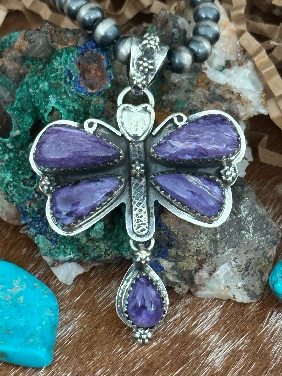 Charoite dragonfly statement southwestern sterling silver pendant