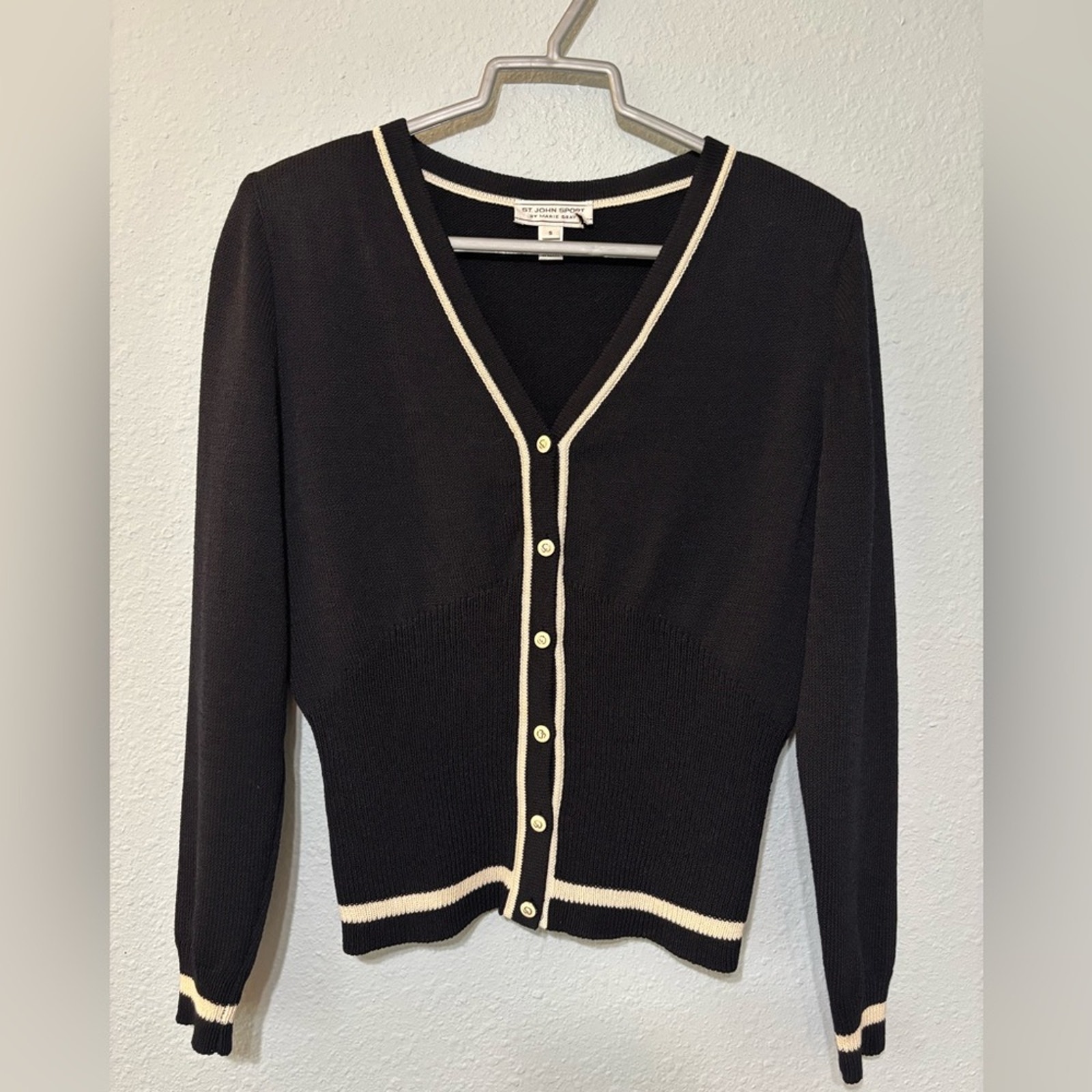 St. John Sport Vintage Y2K 2004 Black Fitted Cardigan w/ Ivory Trim Wool Blend S