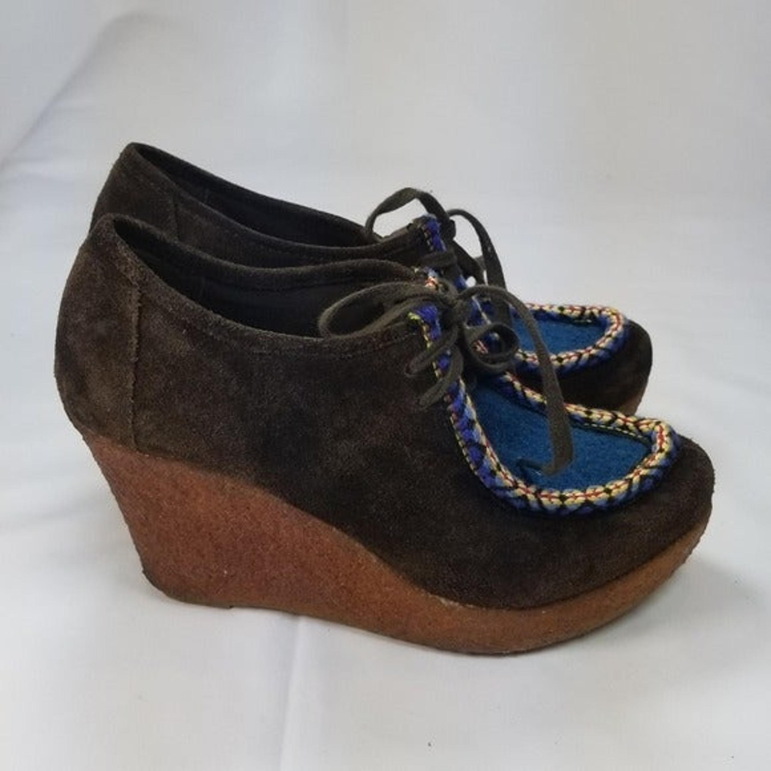 80%20 brown suede blue tie wedge heels