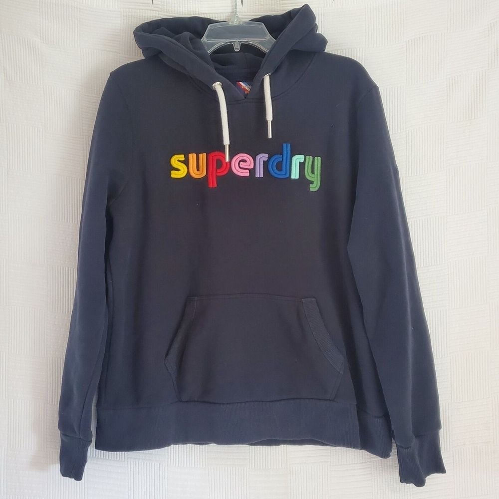 Superdry Hoodie Womens 12 Pullover Rainbow Black Sweatershirt Embroidered
